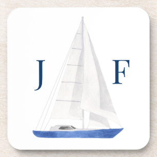 Dessous-de-verre Bateau à voile aquarelle nautique monogrammé