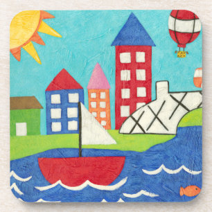 Dessous-de-verre Bateau à voile et ballon à air chaud avec Cityscap