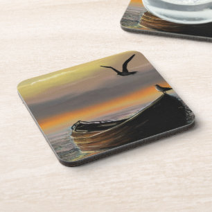Dessous-de-verre Bateau Sea Sunset Bateau Seagull Flying Beverage C