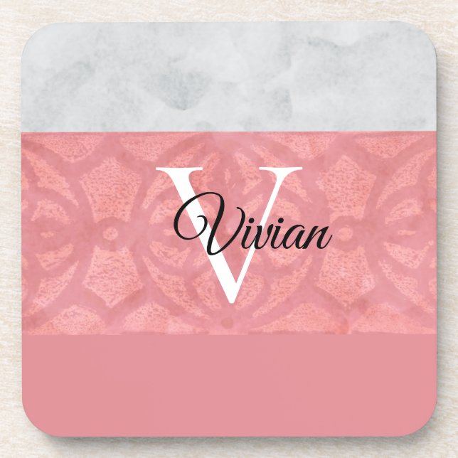 Dessous-de-verre Batik Rose Ruddy Et Aquarelle Gris Monogramme (Devant)