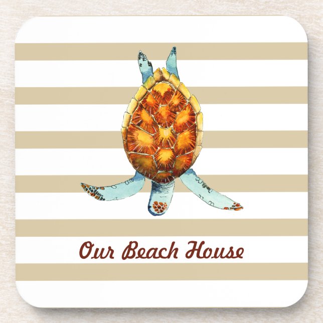 Dessous-de-verre Beach House Coussin avec tortue de mer sur Tan Str (Devant)