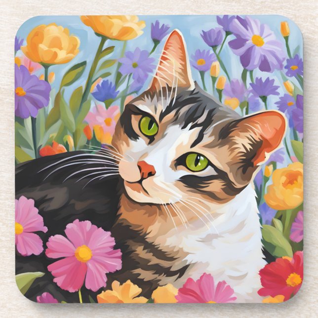 Dessous-de-verre Beau chat avec fleurs (Devant)