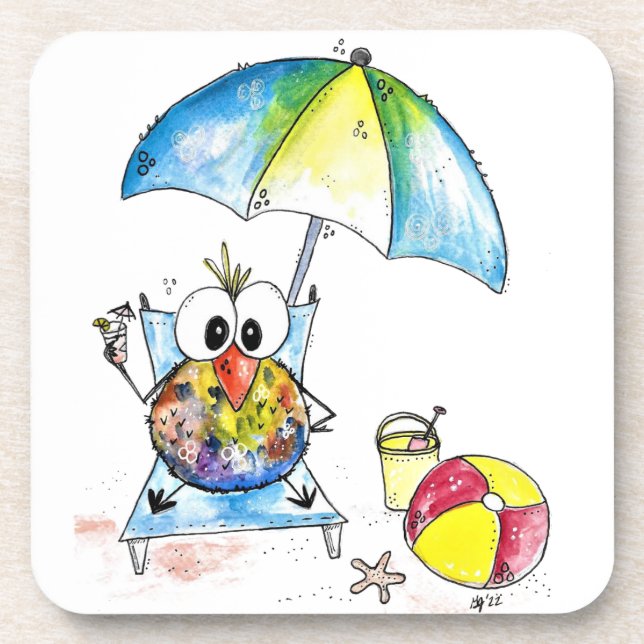 Dessous-de-verre Beau Oiseau Whimsical sur la plage (Devant)