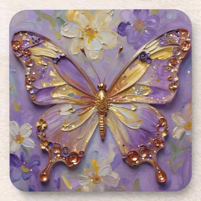 Dessous-de-verre Beau Papillon Violet et Fleurs (Devant)