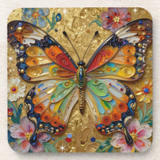 Dessous-de-verre Beautiful Impasto Butterfly and Flowers  