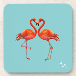 Dessous-de-verre Beaux flamants roses et monogramme sur fond bleu c