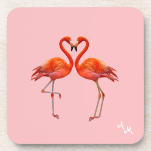 Dessous-de-verre Beaux flamants roses et monogramme sur fond rose c