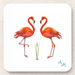 Dessous-de-verre Beaux oiseaux flamants roses & monogramme sur fond