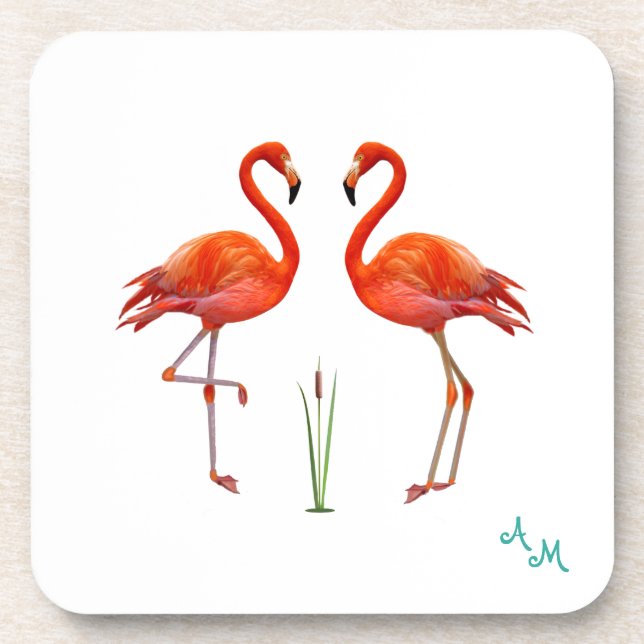 Dessous-de-verre Beaux oiseaux flamants roses & monogramme sur fond (Devant)