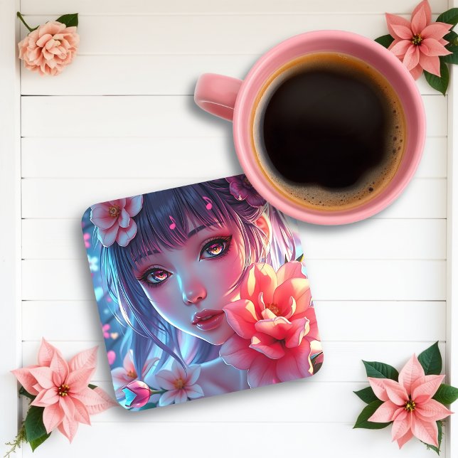 Dessous-de-verre Belle Anime Girl Glitchcore Floral (Créateur téléchargé)