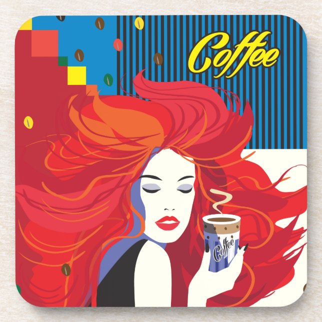 Dessous-de-verre "Belle Femme de mode avec Café Cup" Pop Art (Devant)
