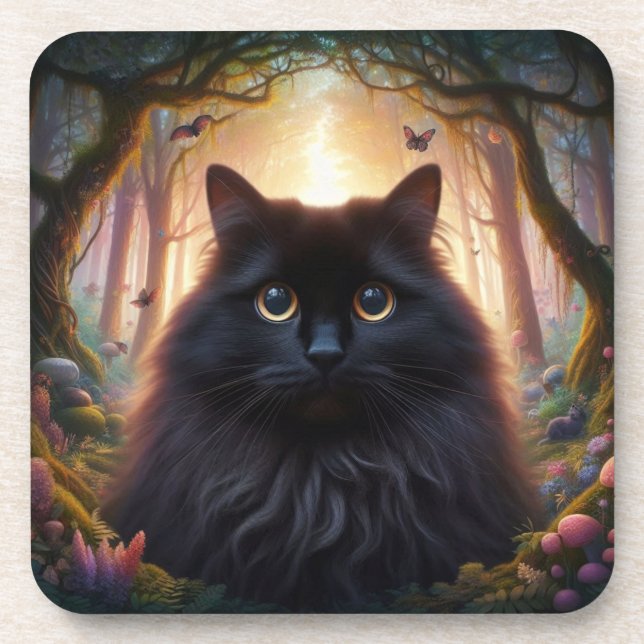 Dessous-de-verre Belle Fluffy Chat Noir avec yeux or (Devant)