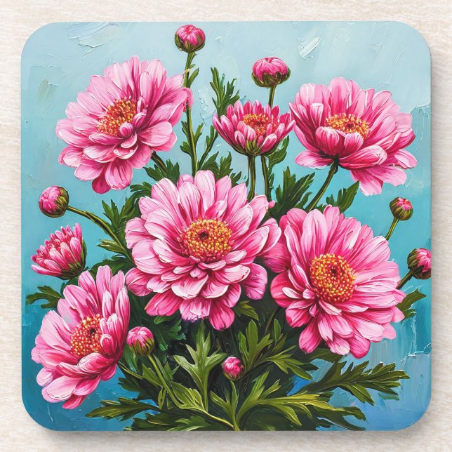Dessous-de-verre Belles fleurs roses avec des feuilles vertes (Devant)