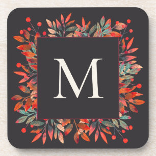 Dessous-de-verre Berries rouges et Feuilles verts Monogramme