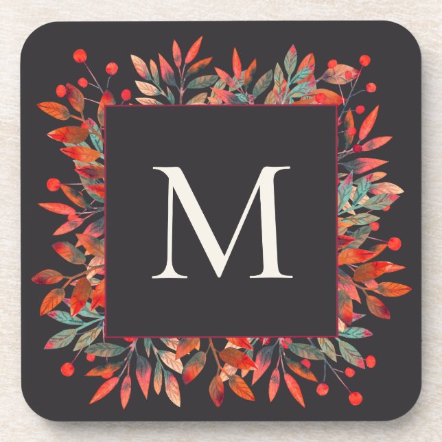 Dessous-de-verre Berries rouges et Feuilles verts Monogramme (Devant)