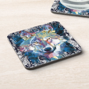 Dessous-de-verre Beverage Blue Wolf Coaster Dessin de loup coloré