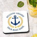 Dessous-de-verre Bienvenue à bord Nom du bateau Ancre Gold Laurel B<br><div class="desc">Un élégant ensemble de casseroles à thème nautique avec l'accueil à bord et votre nom de bateau personnalisé, nom de famille ou autre texte souhaité. Doté d'une ancre de bateau conçue sur mesure avec des feuilles de laurier de style or et d'une étoile sur le blanc ou facilement customiser la...</div>