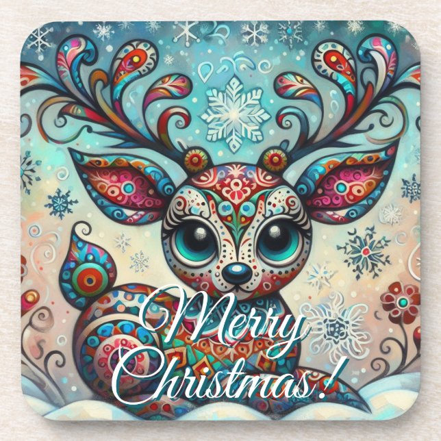 Dessous-de-verre Big Eye Christmas Reindeer Folk Art Personalized (Devant)