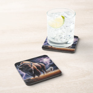 Dessous-de-verre Bison et loup dans un orage avec éclair