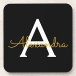 Dessous-de-verre Black Gold Modern Script Girl Monogramme Nom<br><div class="desc">Dessous de verre en papier noir et or Simple Script Monogramme Nom. Cela fait le cadeau parfait de remise de diplômes,  anniversaire,  mariage,  douche nuptiale,  anniversaire,  baby shower ou bachelorette pour quelqu'un qui aime le luxe glam et les styles chic.</div>