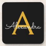 Dessous-de-verre Black Gold Modern Script Girl Monogramme Nom<br><div class="desc">Dessous de verre en papier noir et or Simple Script Monogramme Nom. Cela fait le cadeau parfait de remise de diplômes,  anniversaire,  mariage,  douche nuptiale,  anniversaire,  baby shower ou bachelorette pour quelqu'un qui aime le luxe glam et les styles chic.</div>