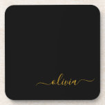Dessous-de-verre Black Gold Modern Script Girl Monogramme Nom<br><div class="desc">Dessous de verre en papier noir et or Simple Script Monogramme Nom. Cela fait le cadeau parfait de remise de diplômes,  anniversaire,  mariage,  douche nuptiale,  anniversaire,  baby shower ou bachelorette pour quelqu'un qui aime le luxe glam et les styles chic.</div>