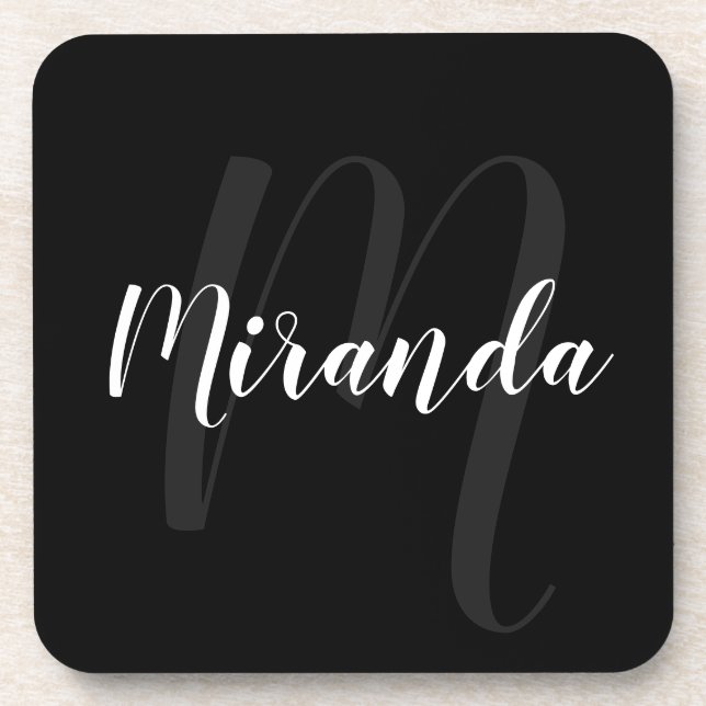 Dessous-de-verre Black Modern Script Personalized Monogram and Name (Devant)