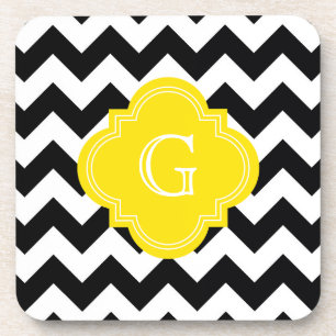 Dessous-de-verre Blanc-Noir Chevron Zig-Zag Monogramme Jaune