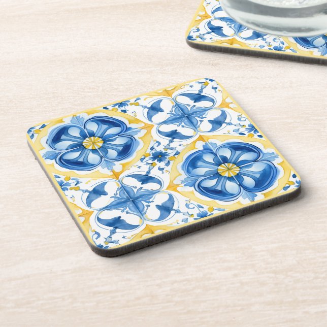 Dessous-de-verre 💛 💙 bleu et jaune, aquarelle fleurie Azulejos (Côté gauche)