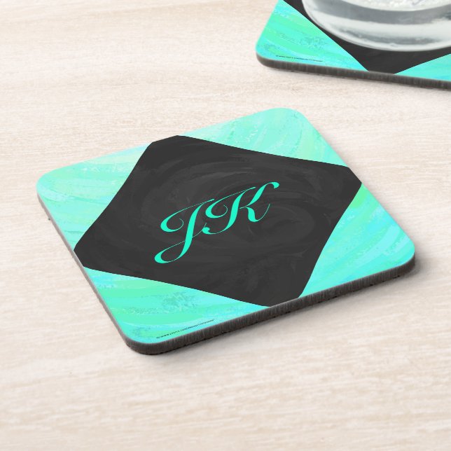 Dessous-de-verre Bleu Glace Menthe et Monogramme Noir (Côté gauche)