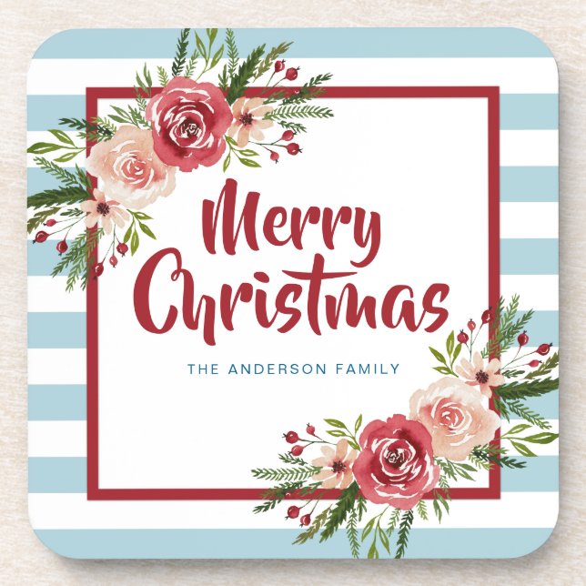 Dessous-de-verre Bleu Rayures Aquarelle Fleurs Noël (Devant)
