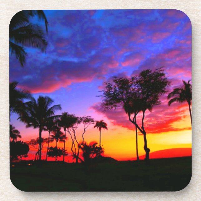 Dessous-de-verre Blue Red Sunset Exotic Hawaiian Beach Palm Trees (Devant)