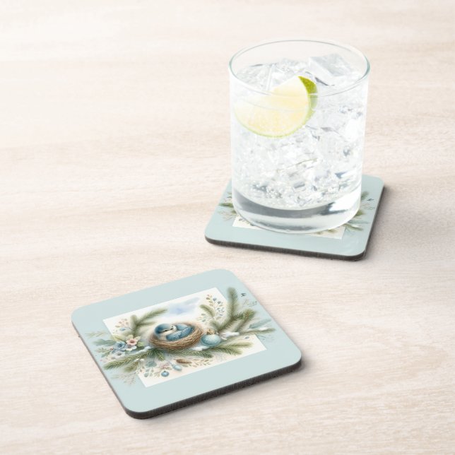 Dessous-de-verre Bluebird Nest with Ornaments in Winter Pines (Côté Droit)