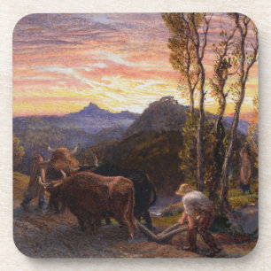 Dessous-de-verre Boeufs labourant au coucher du soleil (la semaine