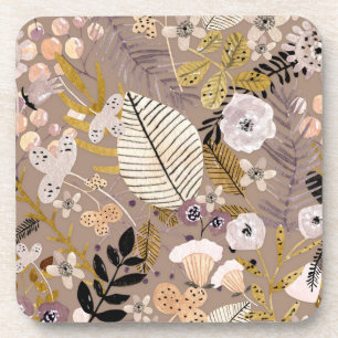 Dessous-de-verre Boho Noir Blanc Or Pêche Feuille Florale Dessinée