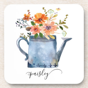 Dessous-de-verre Boho Rust Orange Aquarelle Fleurs Arrosage Can