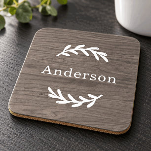 Dessous-de-verre Bois Gris Rustique Laurier Monogramme Nom