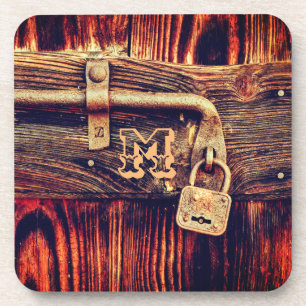 Dessous-de-verre Bois rustique grain ancien laiton serrure brun noi