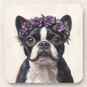 Dessous-de-verre Boston Terrier dans une couronne de fleurs violett
