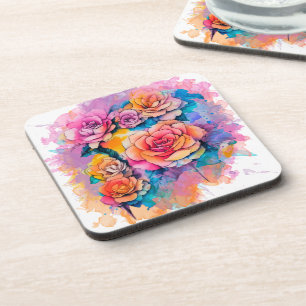 Dessous-de-verre Bouquet de roses à taches de peinture aquarelle mo