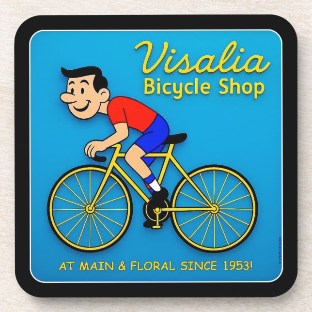 DESSOUS-DE-VERRE BOUTIQUE À VÉLOS VISALIA. (Devant)