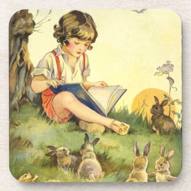 Dessous-de-verre Boy reading under tree with rabbits (Devant)