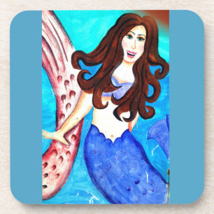 Dessous-de-verre brunette blue-tail mermaid drink coaster