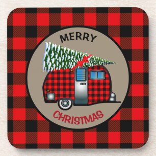 Dessous-de-verre Buffalo Plaid Christmas Camper Beverage Coaster