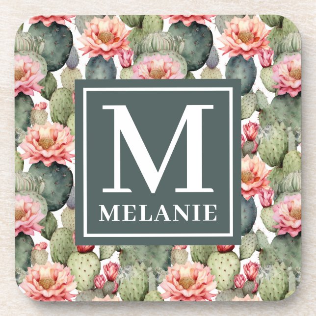 Dessous-de-verre Cactus Motif Fleurs roses Monogramme (Devant)