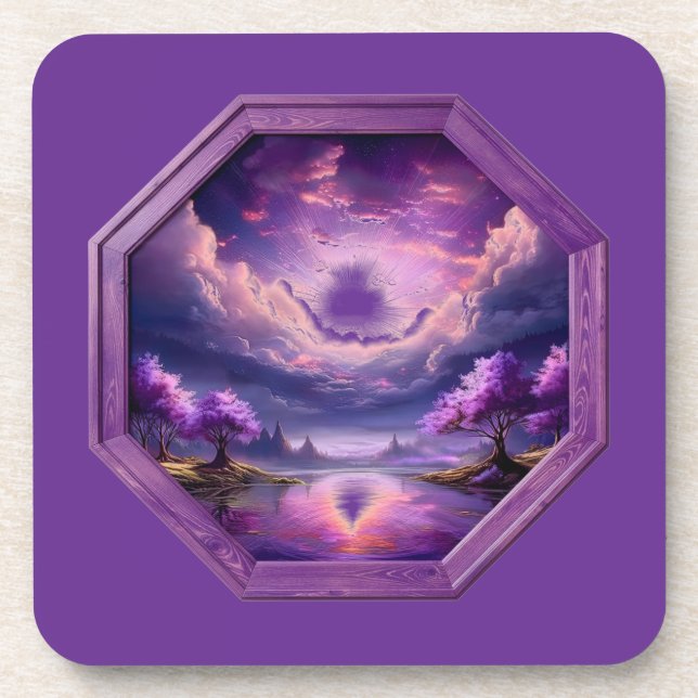 Dessous-de-verre Cadre Beau Paysage Violet Avec Reflets (Devant)