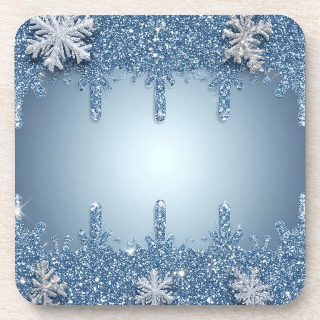 Dessous-de-verre Cadre flocon de neige bleu pailleté avec glaçons (Devant)