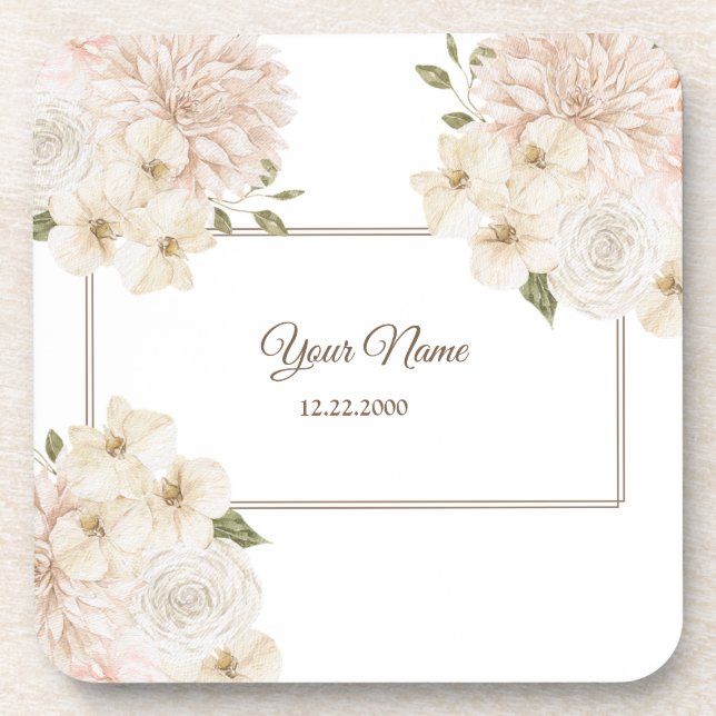 Dessous-de-verre Cadre Floral Rose Blanc Fête de Mariage Moderne (Devant)