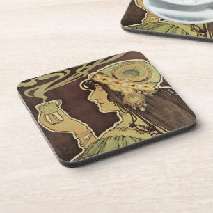 Dessous-de-verre Café Rajah Art Nouveau vintage, femme avec café