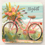 Dessous-de-verre Calligraphie classique Vélo de plage d'été<br><div class="desc">Personnalisez ce mignon dessous de verre de vélo de plage avec votre nom. Un bel accent pour la décoration de la maison. Conçu pour vous par Blackberry Boulevard.</div>